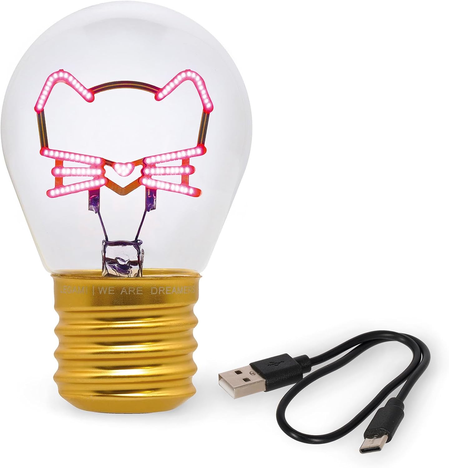 LEGAMI - Light Bulb Shaped Table Lamp, Rechargeable with USB Cable, Wireless Bulbs Fiction, Kitty Theme, 6.8 x 10.3 cm
