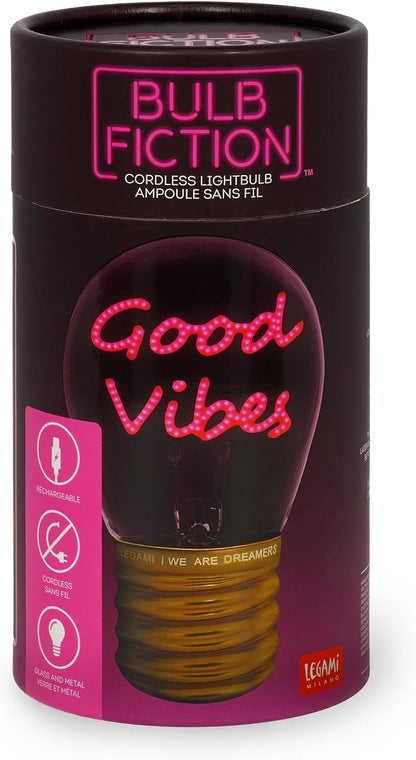 LEGAMI - Light Bulb Shaped Table Lamp, Rechargeable with USB Cable, Wireless, Bulbs Fiction, Good Vibes Theme, 6.8 x 10.3 cm
