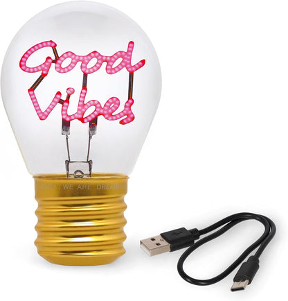 LEGAMI - Light Bulb Shaped Table Lamp, Rechargeable with USB Cable, Wireless, Bulbs Fiction, Good Vibes Theme, 6.8 x 10.3 cm