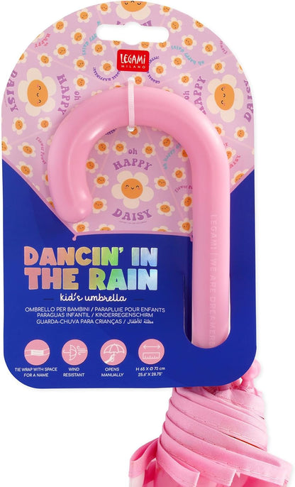 VUSE Legami - Dancin' In The Rain Kinderregenschirm, winddichte Struktur, manuelle Öffnung, Stoffverschluss mit Platz für Namen, Hakengriff, 73x65 cm