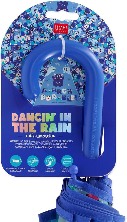 VUSE Legami - Dancin' In The Rain Kinderregenschirm, winddichte Struktur, manuelle Öffnung, Stoffverschluss mit Platz für Namen, Hakengriff, 73x65 cm