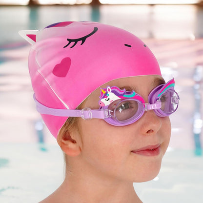 Legami - Swimming Cap for Girls 4 to 10 Years Easy to Wear Silicone Swimming Cap Very Good Grip Pink Unicorn