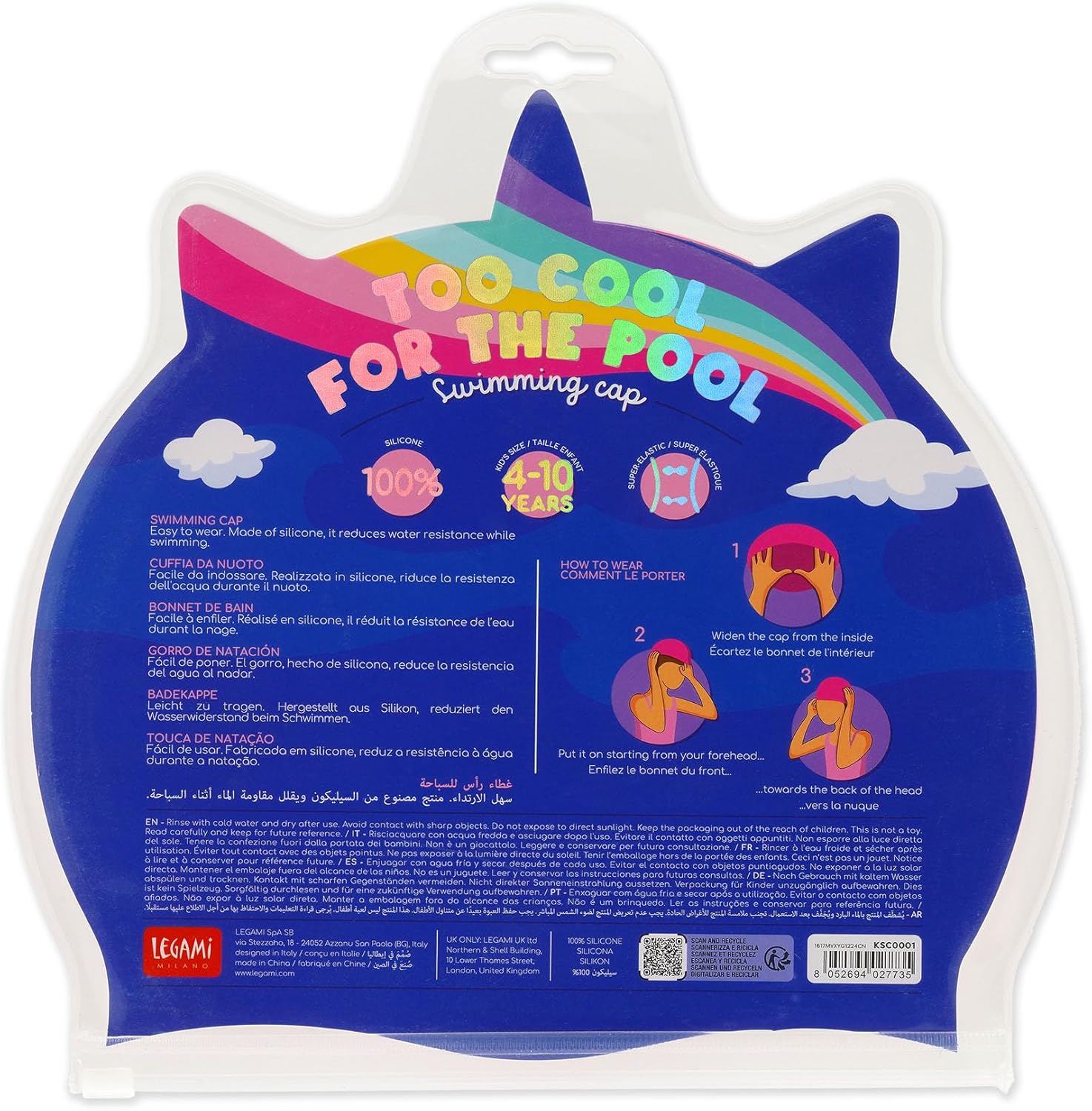 Legami - Swimming Cap for Girls 4 to 10 Years Easy to Wear Silicone Swimming Cap Very Good Grip Pink Unicorn