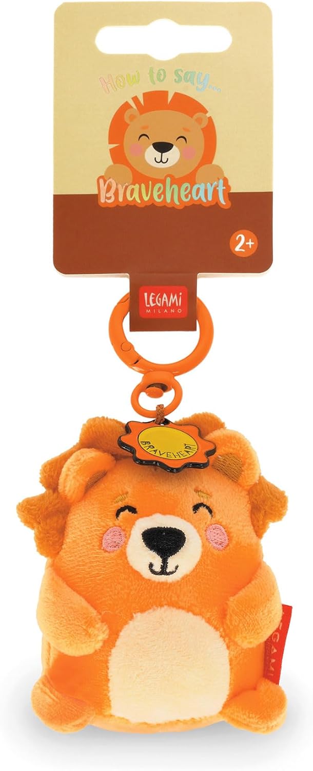 Legami - Super Soft Keyring! Plush Keyring, Pendant with Engraved Message and Zinc Carabiner, Orange, S, Lion