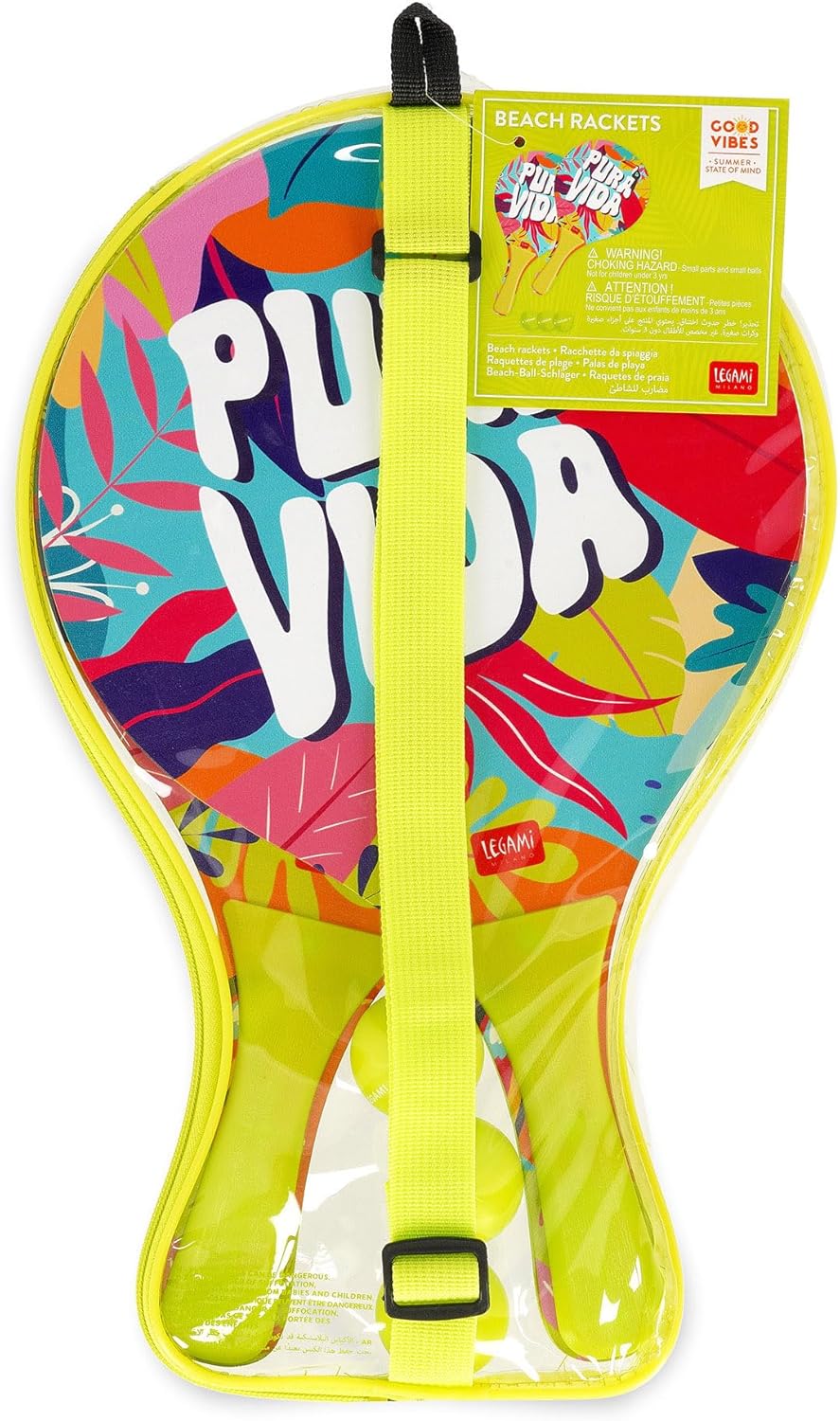 Legami - Beach Rackets, 2 Rackets and 3 Balls, Beach Rackets, Ergonomic Handle, Case Included, for Adults and Children, 23 x 38 cm