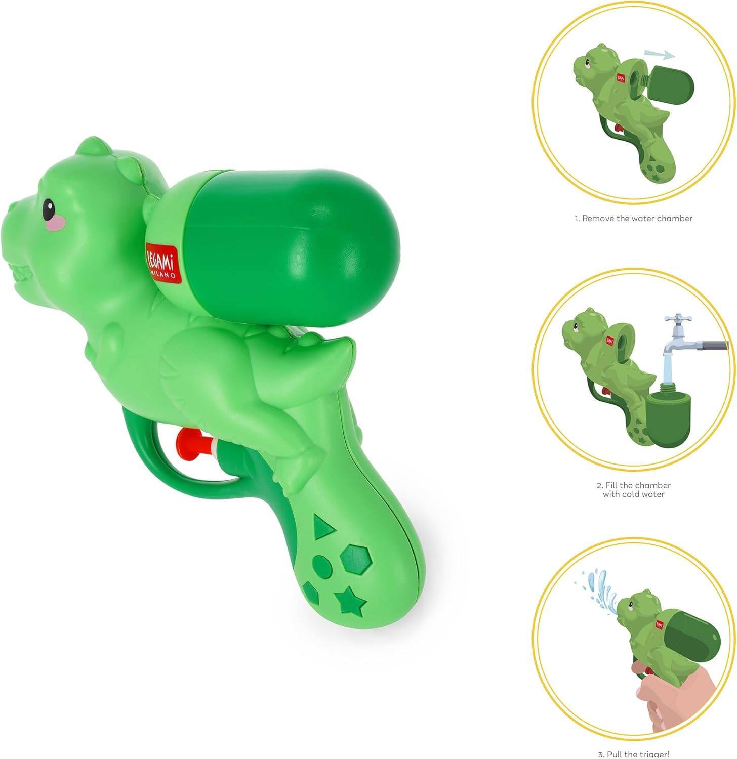 Legami - Small Water Gun, Mini Water Gun, Water Gun Dino, 2.5m Water Jet, Ideal for Parties, Refreshing, Capacity 50ml, Garden Gun for Kids and Adults