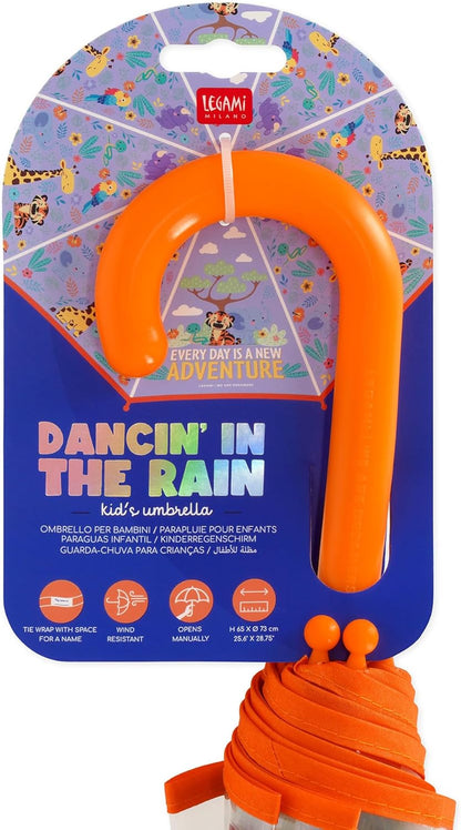 VUSE Legami - Dancin' In The Rain Kinderregenschirm, winddichte Struktur, manuelle Öffnung, Stoffverschluss mit Platz für Namen, Hakengriff, 73x65 cm