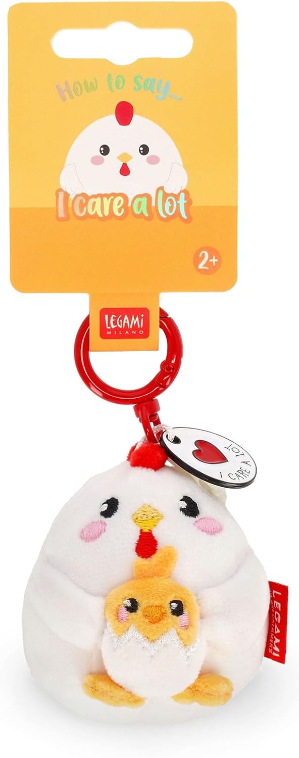 Legami - Super Soft! Hen Theme Keychain, Plush Keychain, Pendant with Engraved Message and Zinc Carabiner, 7 x 11 cm, White, S