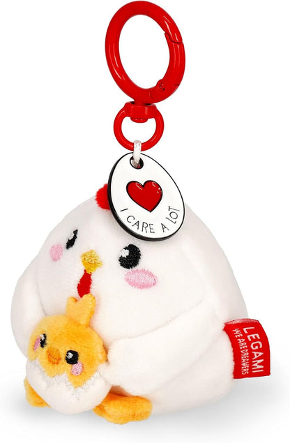 Legami - Super Soft! Hen Theme Keychain, Plush Keychain, Pendant with Engraved Message and Zinc Carabiner, 7 x 11 cm, White, S