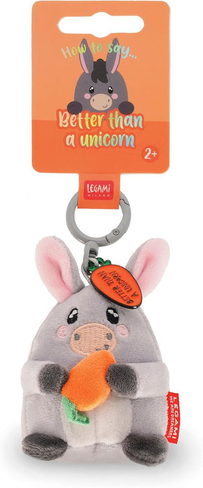 Legami - Super Soft! Donkey Themed Keyring, Plush Keychain, Pendant with Engraved Message and Zinc Carabiner, 7 x 11 cm, grey, S
