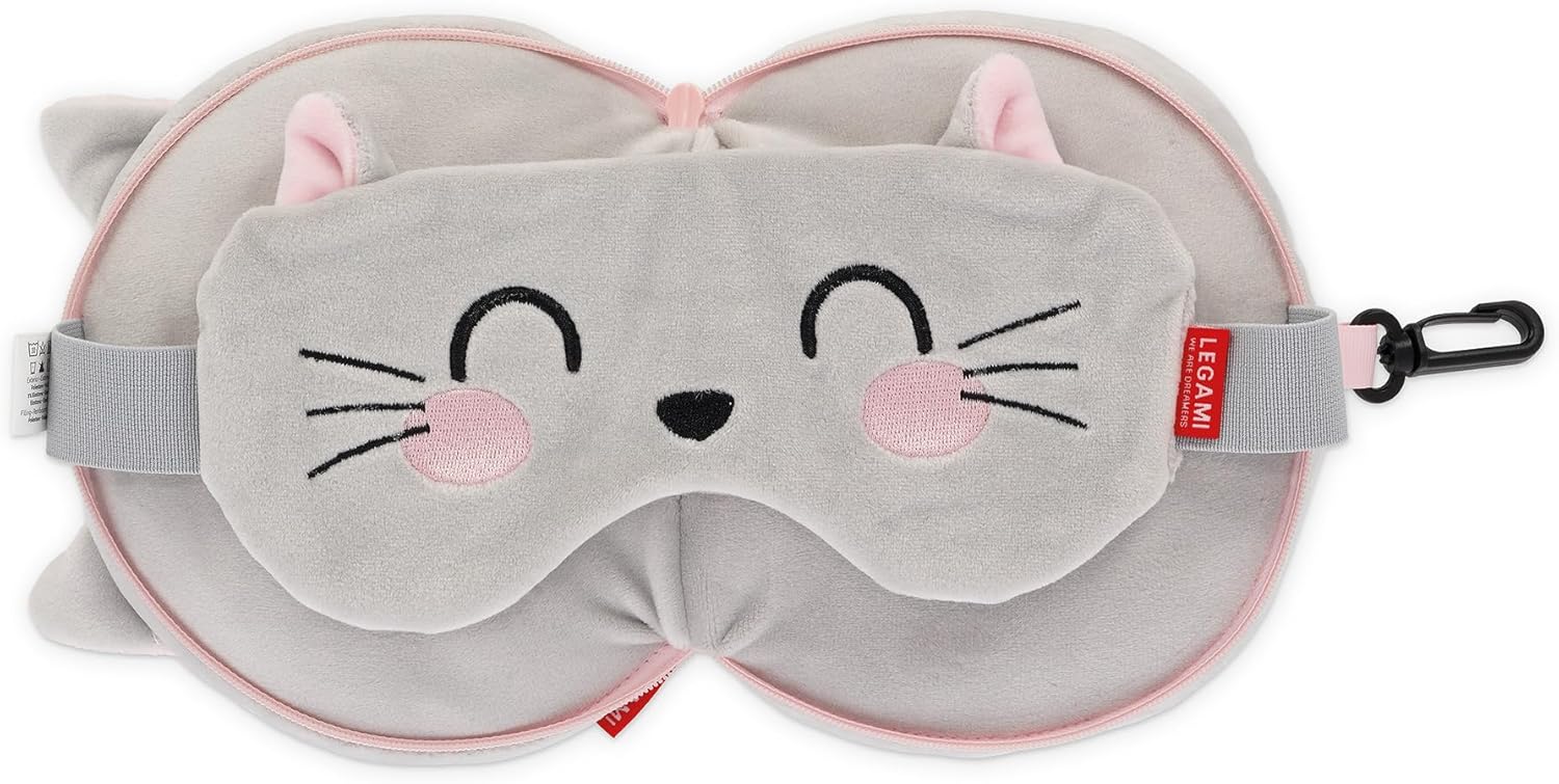 Legami - Travel Pillow with Night Mask, KittyZip Closure, Space Saver, Hook for Convenient Carry, Small Pocket on Back, 16 x 16 cm