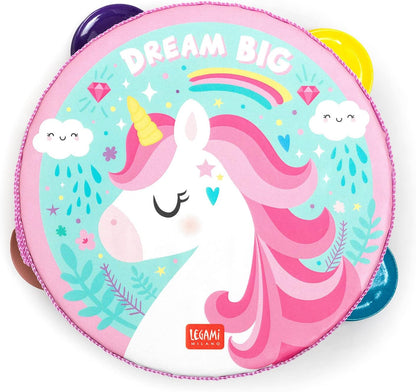 Legami - Tambourine, for Children, with 4 Rattles, improves coordination, motor skills, sense of rhythm, Ø 14.5 cm, Unicorn theme