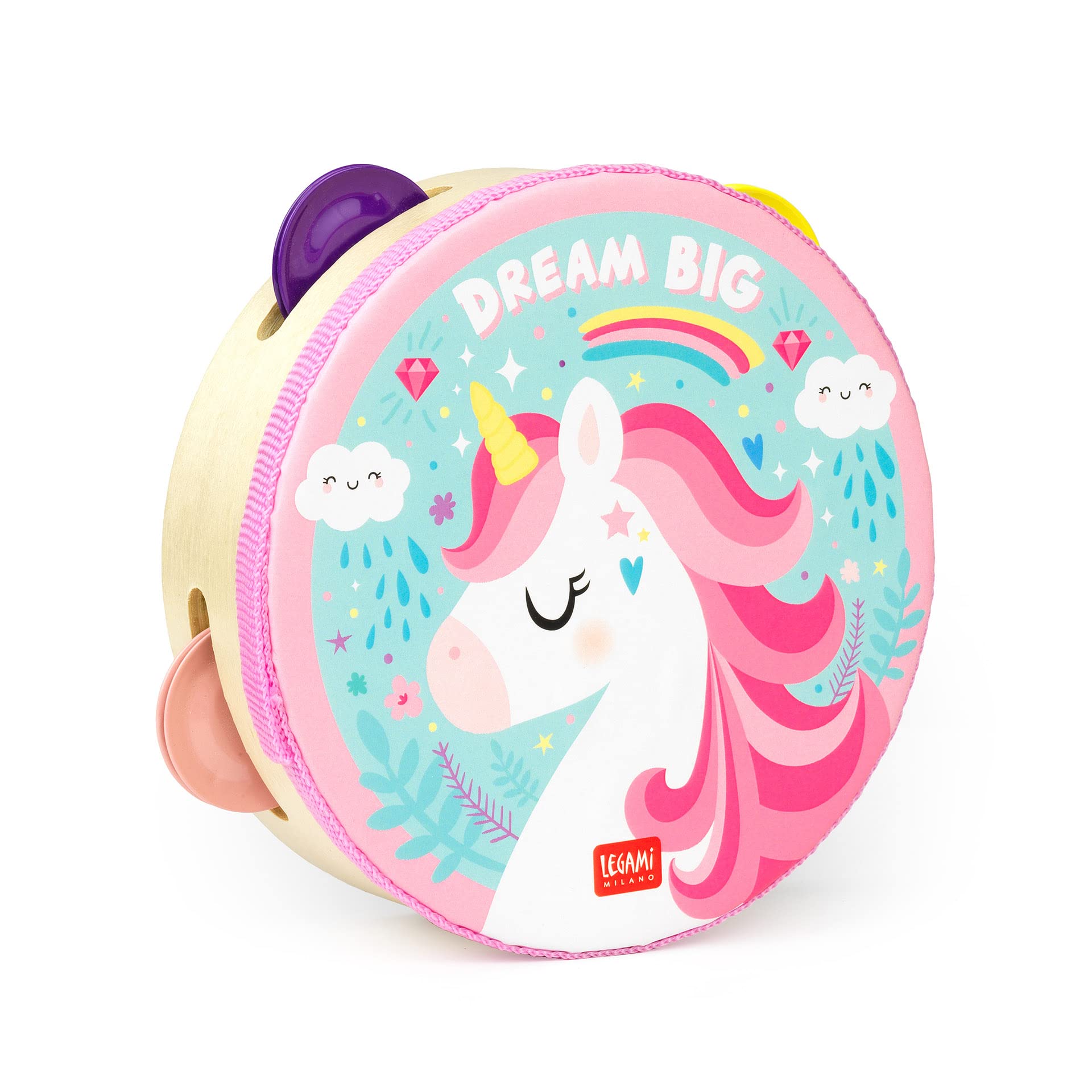 Legami - Tambourine, for Children, with 4 Rattles, improves coordination, motor skills, sense of rhythm, Ø 14.5 cm, Unicorn theme
