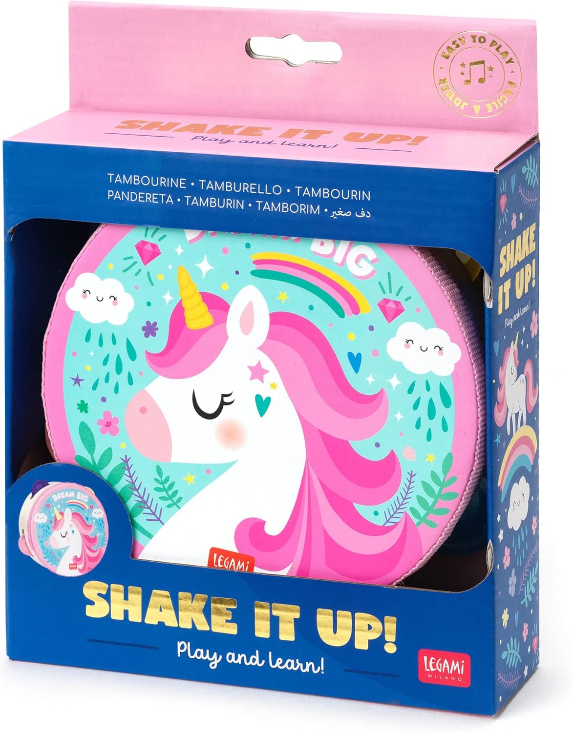 Legami - Tambourine, for Children, with 4 Rattles, improves coordination, motor skills, sense of rhythm, Ø 14.5 cm, Unicorn theme