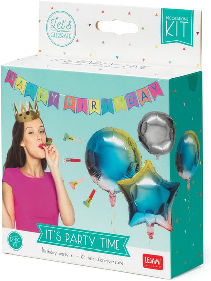 Legami - Birthday Party Decorations Kit, 1 Garland, 1 Crown, 4 Trumpets, 5 Balloons, Straw for Balloon Inflation