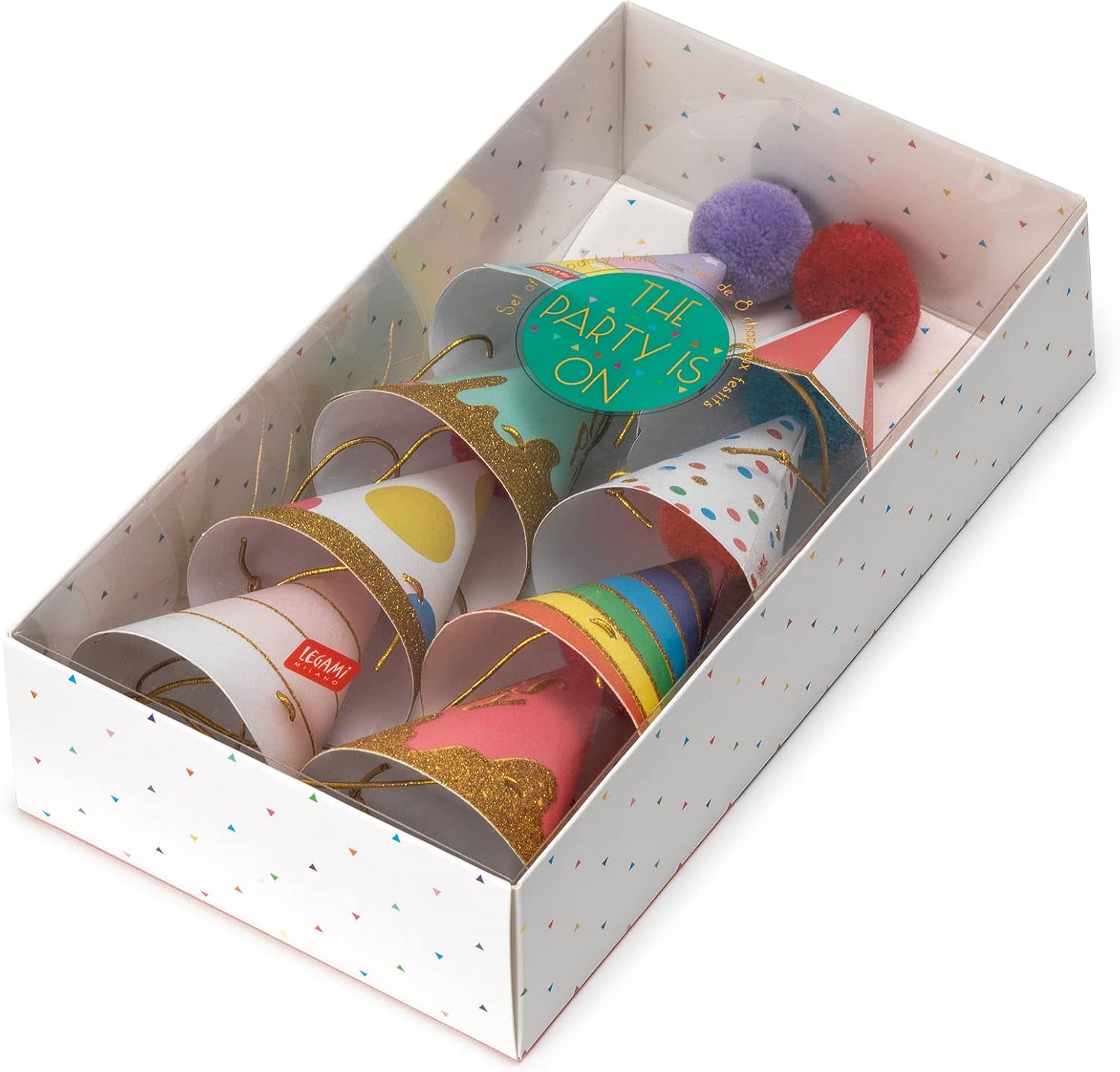 Legami - Set di 8 cappellini da festa, con Pompon e Dettagli glitterati, Taglia Unica, Ø 4,2 cm