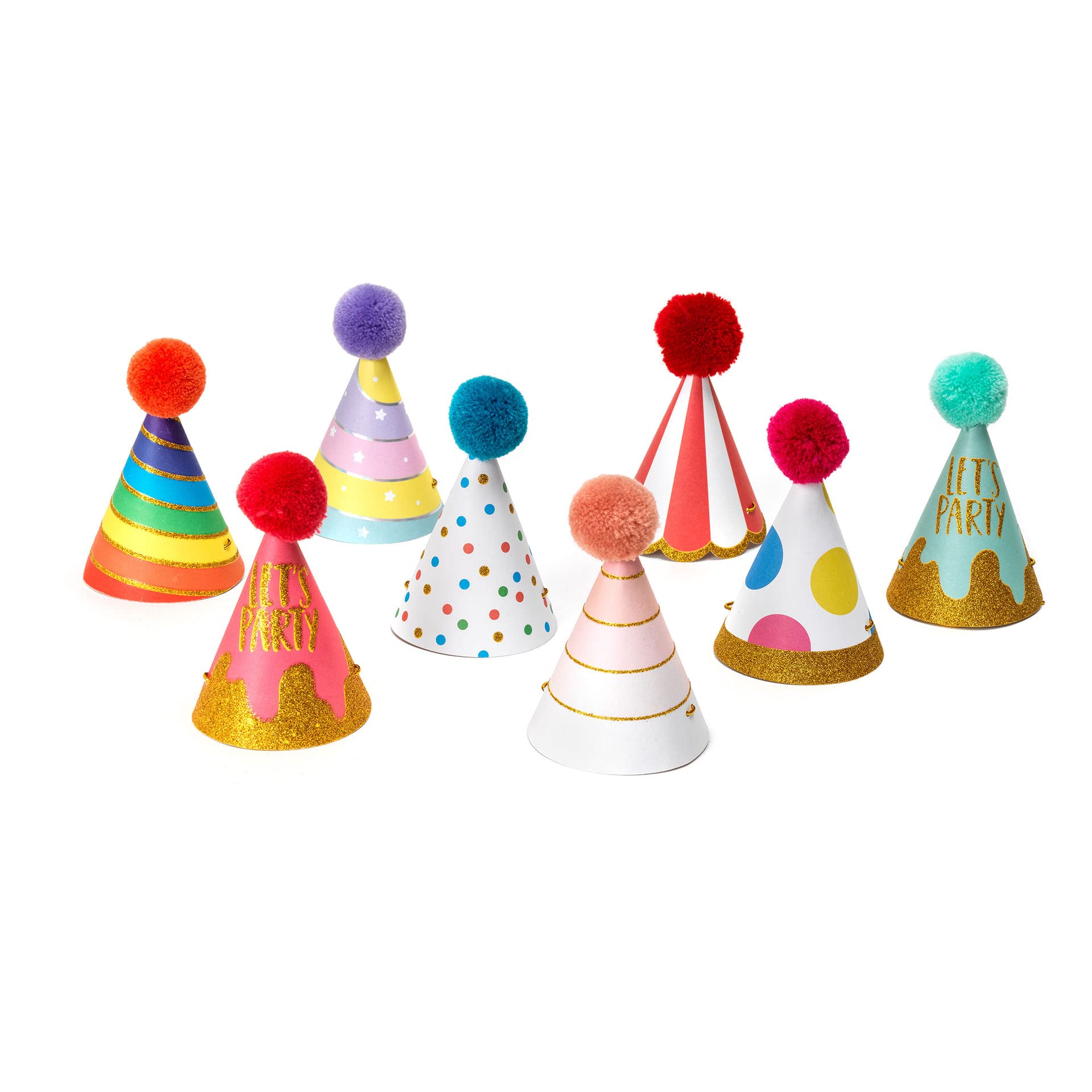 Legami - Set di 8 cappellini da festa, con Pompon e Dettagli glitterati, Taglia Unica, Ø 4,2 cm