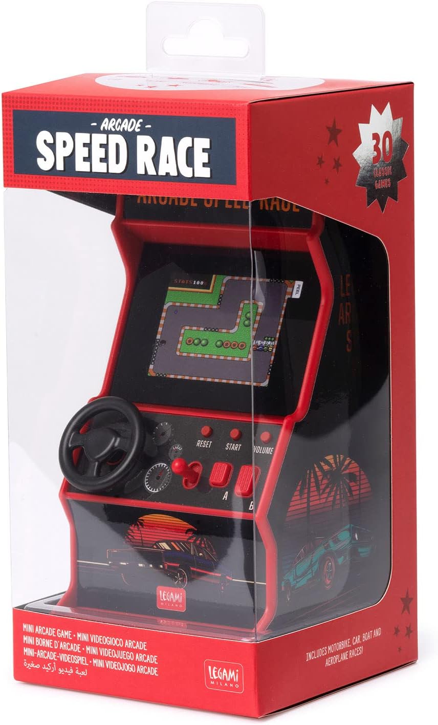 Legami - Mini Arcade Speed Race Video Game, Includes 30 Games, English Language, Lights and Sounds, 3 AA Batteries Not Included, 8.5X26cm, 2.4" Screen, RAC0001