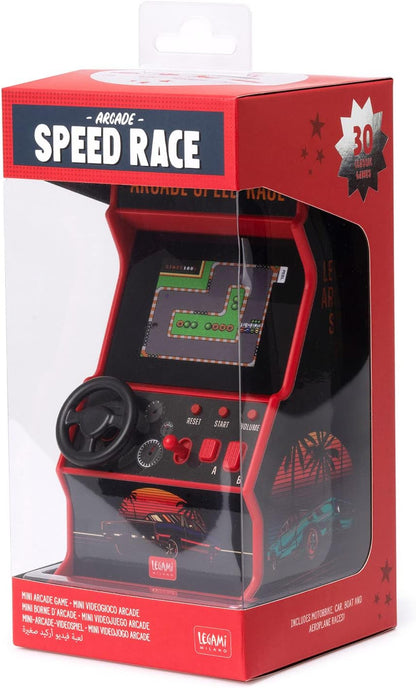 Legami - Mini Arcade Speed Race Video Game, Includes 30 Games, English Language, Lights and Sounds, 3 AA Batteries Not Included, 8.5X26cm, 2.4" Screen, RAC0001
