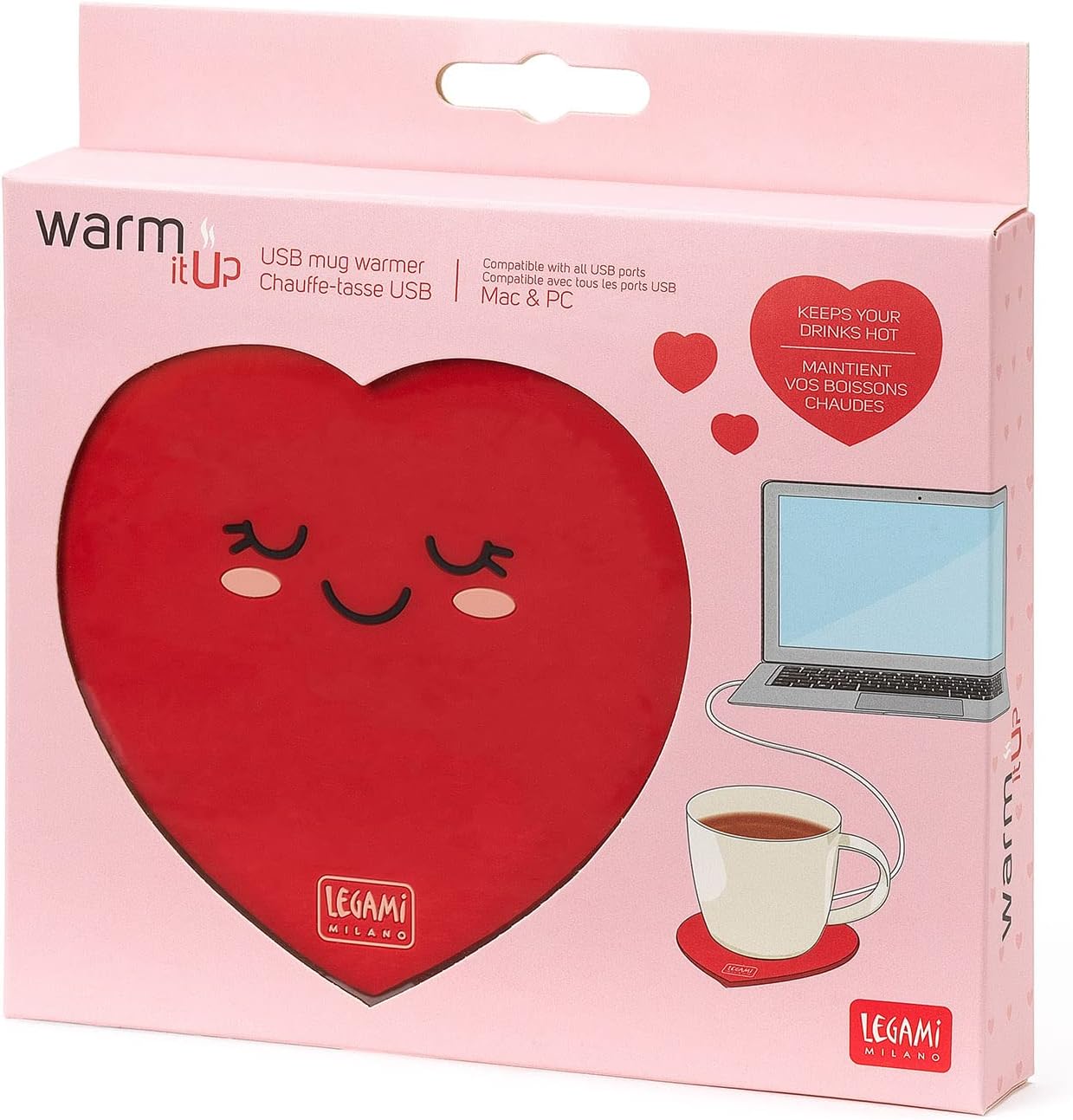 Legami - USB-bekerwarmer, houdt dranken warm, 10 x 10 cm, motief Heart