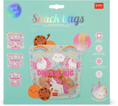 Legami - Set of 3 Food Bags, 3 Different Sizes S, M, L, Resealable, Reusable, Dishwasher Safe, Practical Snack Bags, Unicorn