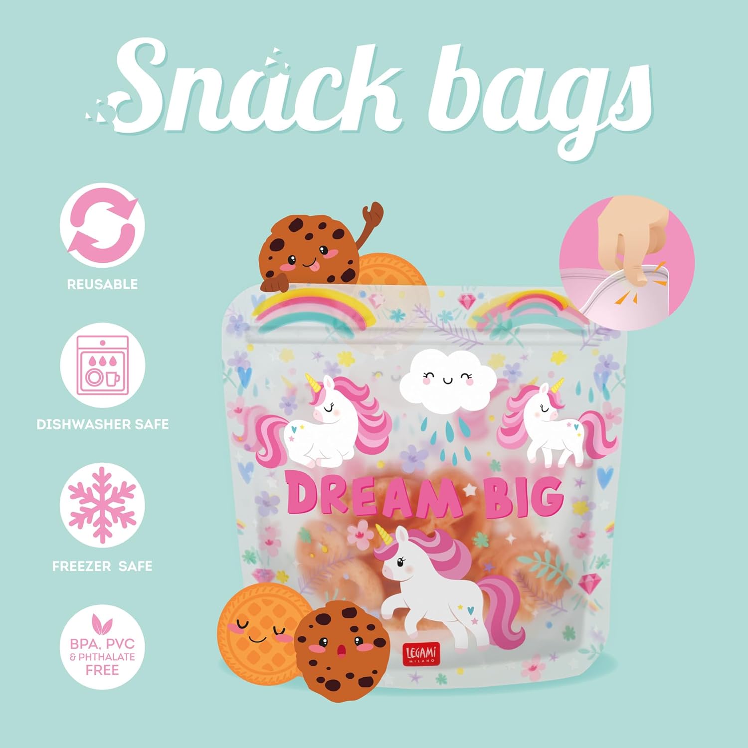 Legami - Set of 3 Food Bags, 3 Different Sizes S, M, L, Resealable, Reusable, Dishwasher Safe, Practical Snack Bags, Unicorn