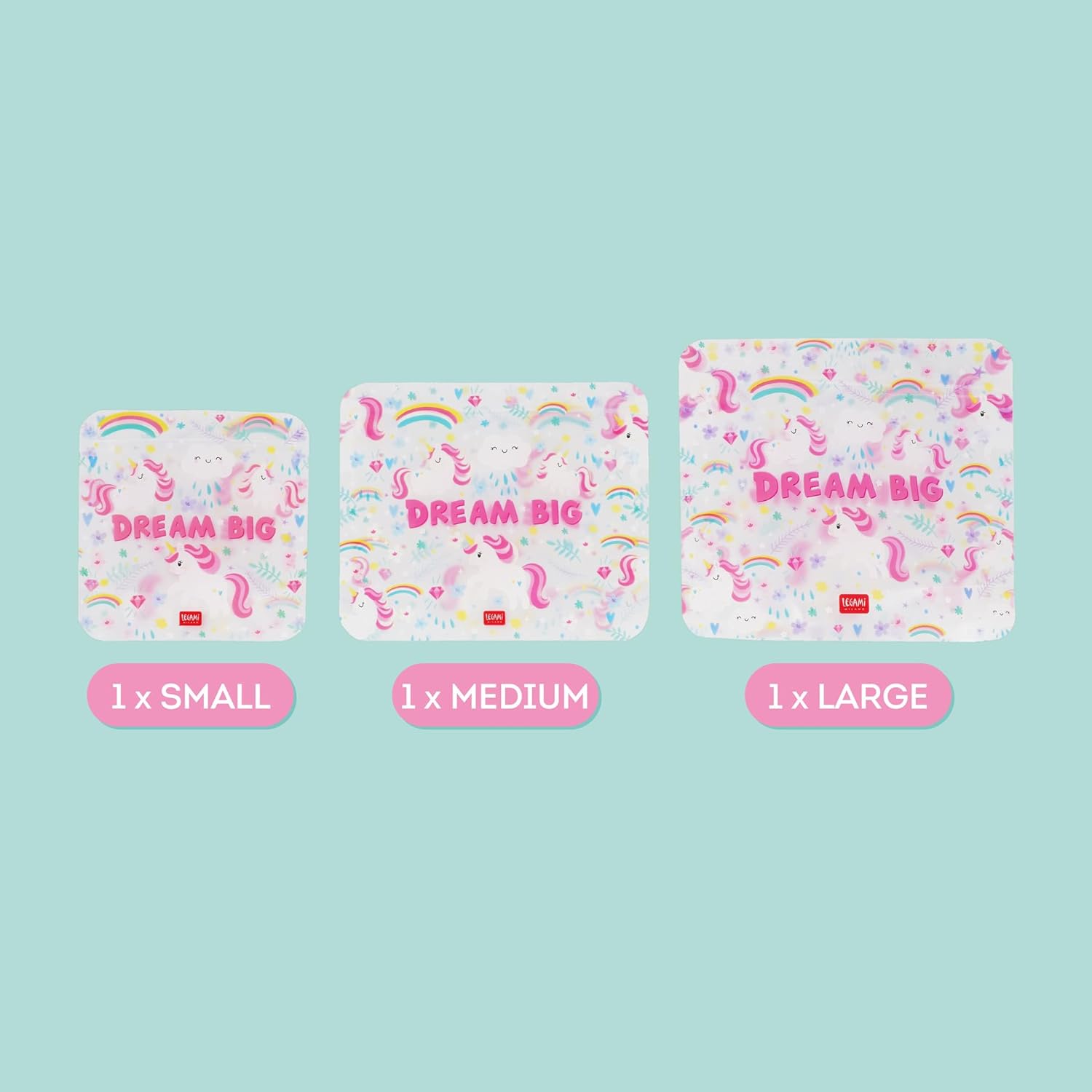 Legami - Set of 3 Food Bags, 3 Different Sizes S, M, L, Resealable, Reusable, Dishwasher Safe, Practical Snack Bags, Unicorn