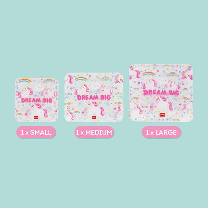 Legami - Set of 3 Food Bags, 3 Different Sizes S, M, L, Resealable, Reusable, Dishwasher Safe, Practical Snack Bags, Unicorn