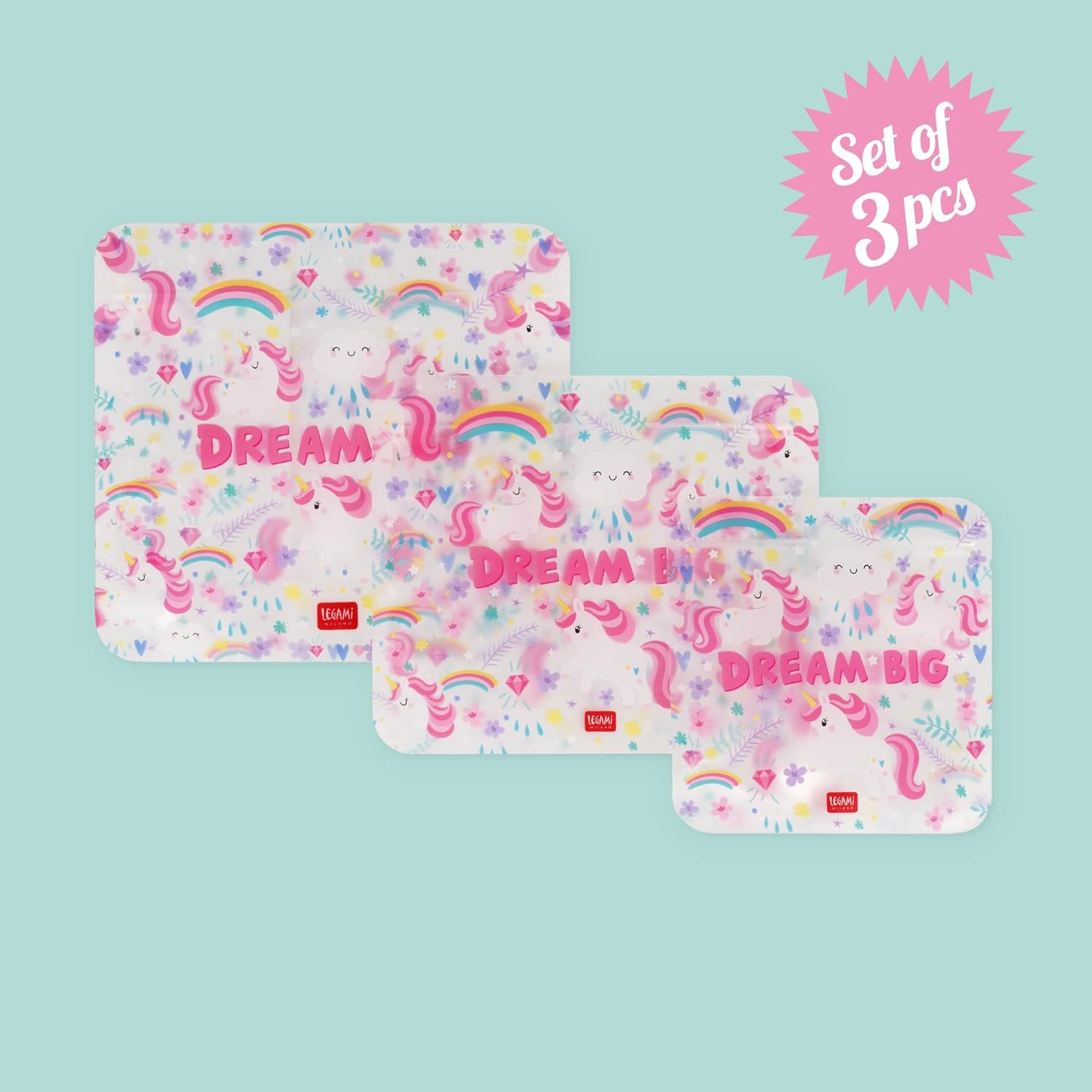 Legami - Set of 3 Food Bags, 3 Different Sizes S, M, L, Resealable, Reusable, Dishwasher Safe, Practical Snack Bags, Unicorn