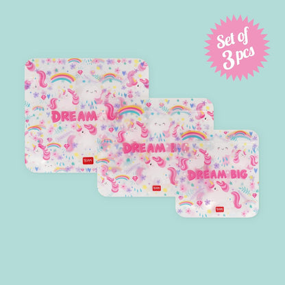 Legami - Set of 3 Food Bags, 3 Different Sizes S, M, L, Resealable, Reusable, Dishwasher Safe, Practical Snack Bags, Unicorn