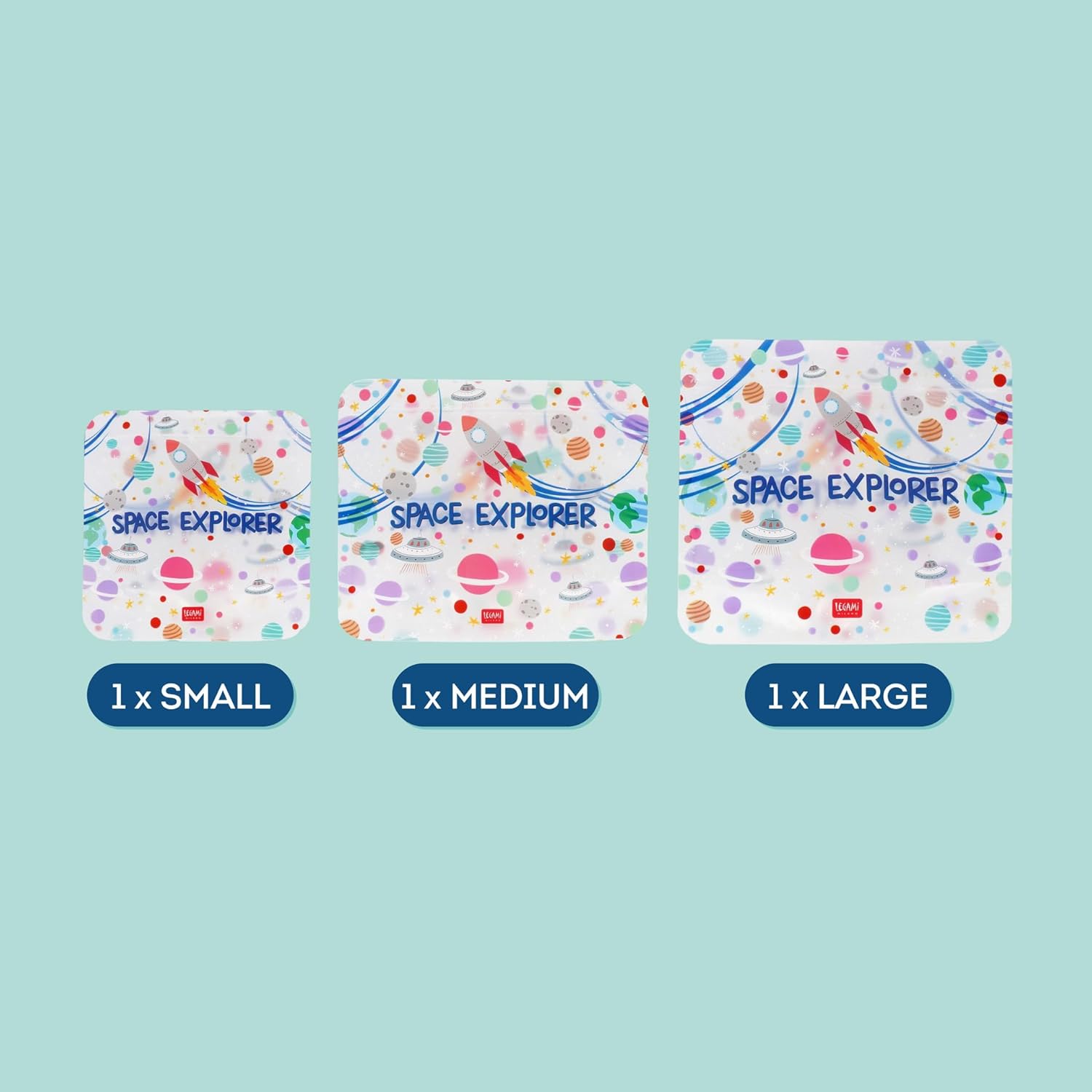 Legami Set of 3 Food Bags, 3 Different Sizes S, M, L, Resealable, Reusable, Dishwasher Safe, Practical Snack Bags