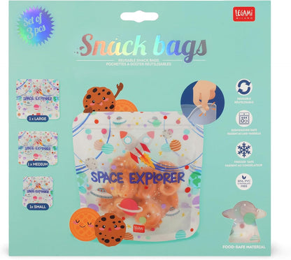 Legami Set of 3 Food Bags, 3 Different Sizes S, M, L, Resealable, Reusable, Dishwasher Safe, Practical Snack Bags