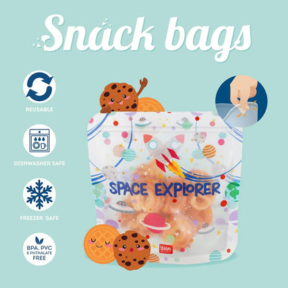 Legami Set of 3 Food Bags, 3 Different Sizes S, M, L, Resealable, Reusable, Dishwasher Safe, Practical Snack Bags