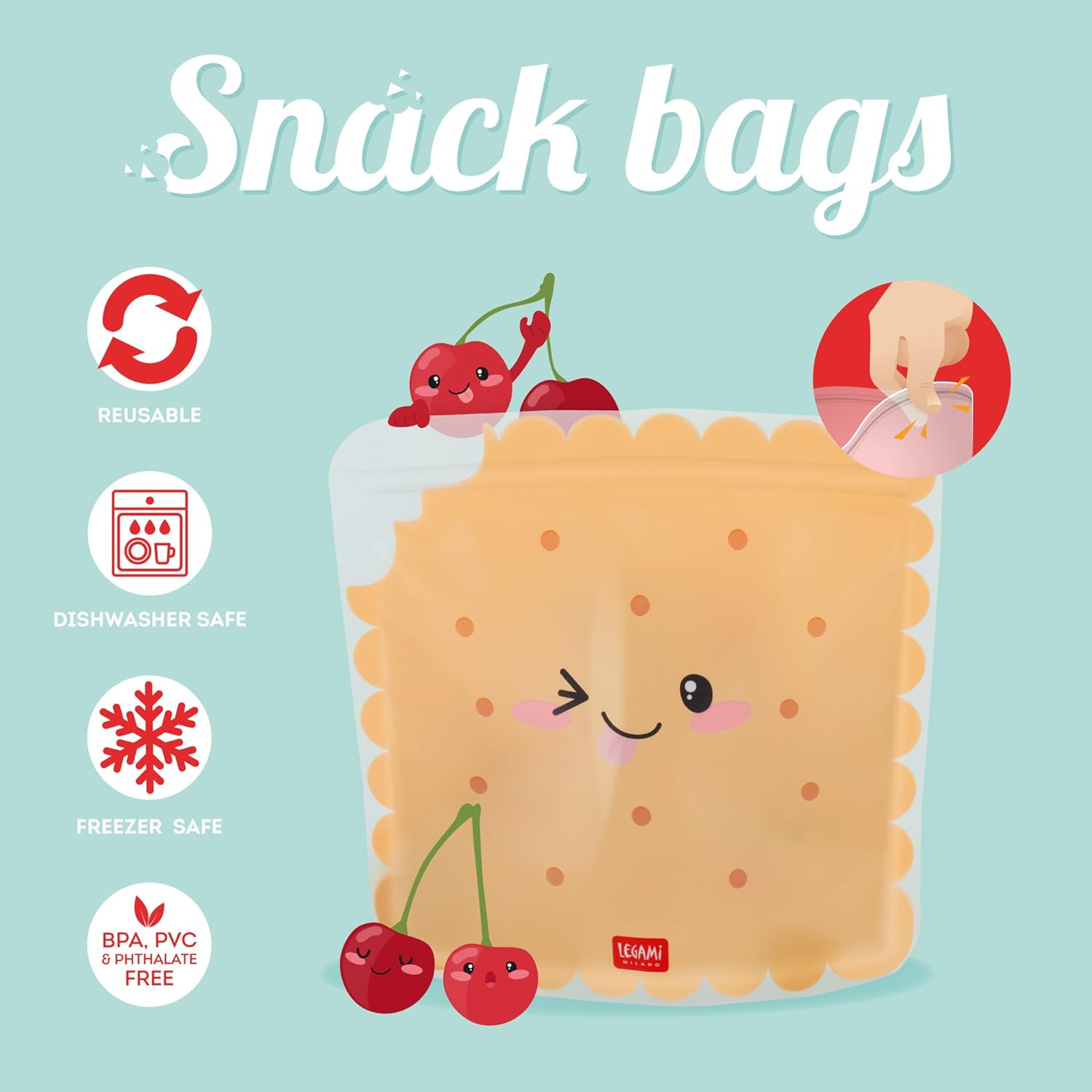 Legami Set di 3 Buste per Alimenti, 3 Diverse Misure S, M, L, Sacchetti Richiudibili, Riutilizzabili, Lavabili in Lavastoviglie, Snack Bags Pratici