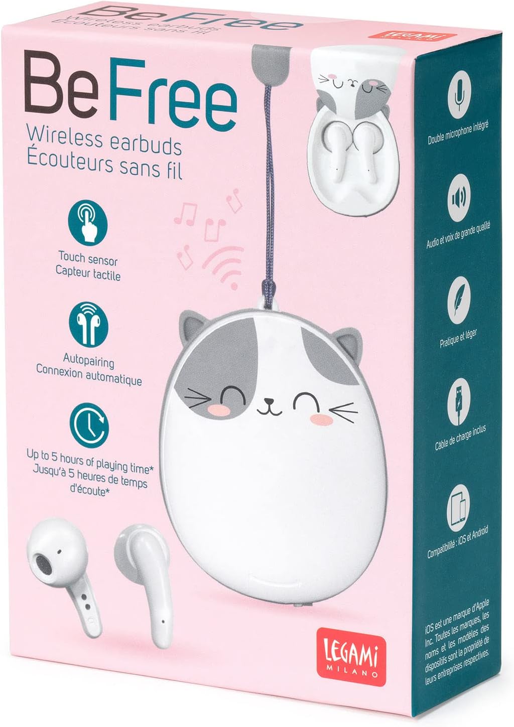 LEGAMI - Bluetooth Headset, Wireless Headphones, 5 Hours Playback, Automatic iOS and Android Connection, Integrated Dual Microphone, Touch Sensor, Charging Cable Included, 5.5 x 6 cm