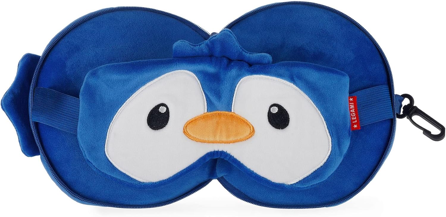 LEGAMI Cute Penguin Travel Pillow with Eye Mask in Portable Zipper Bag with Clip