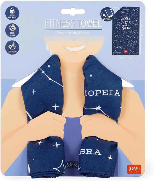LEGAMI - Stars Theme Fitness Towel, Microfibre Gym Towel, Compact, Quick Drying, Ultra Absorbent, Ultra Light, Blue, 45 x 80 cm