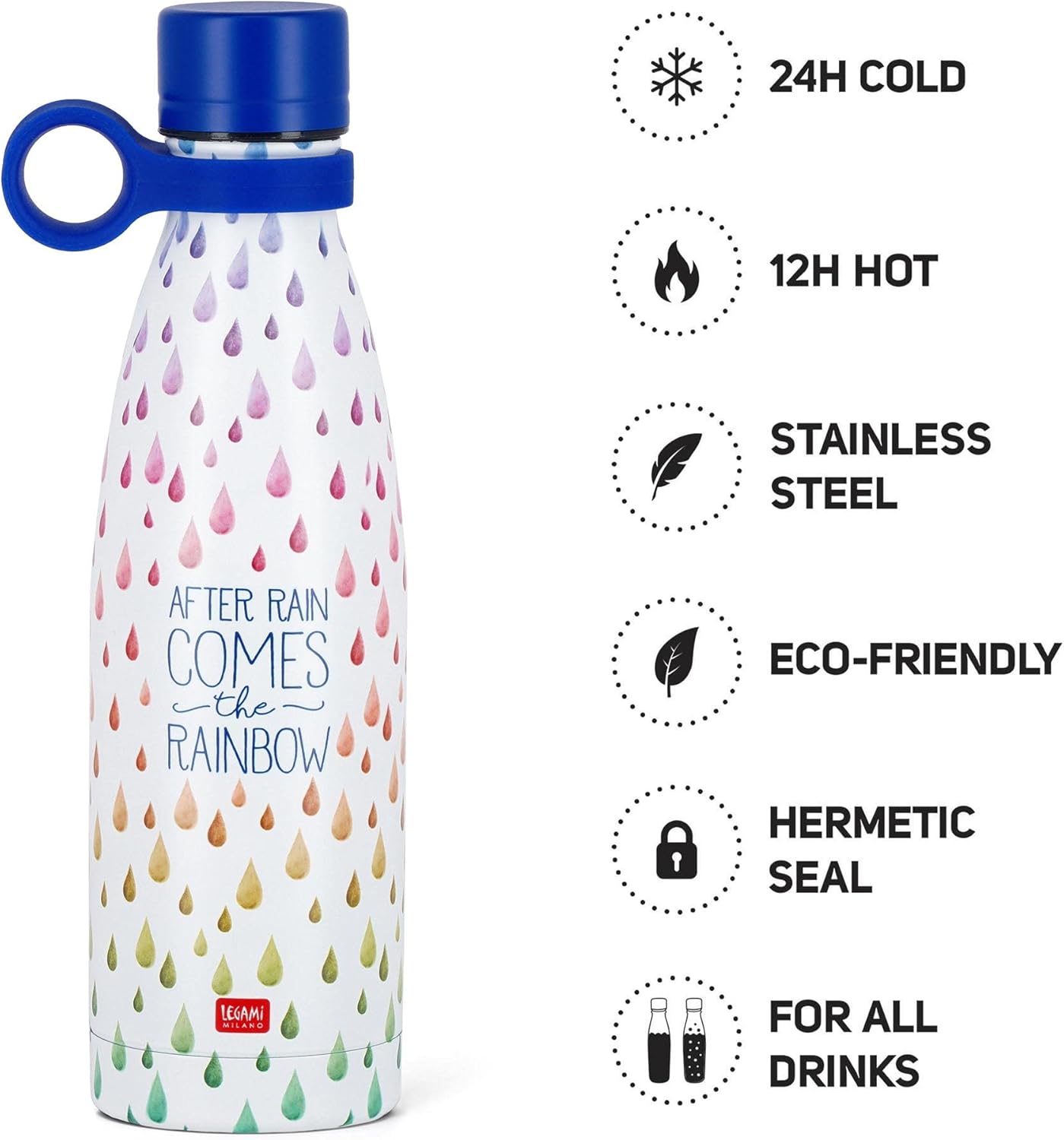 Legami - Bottiglia Termica, 500 ml, Borraccia leggera e resistente, Chiusura ermetica,12 Ore Bevande calde 24 Ore fredde, ecologica, Manico in Silicone rimovibile, in Acciaio inox, senza BPA