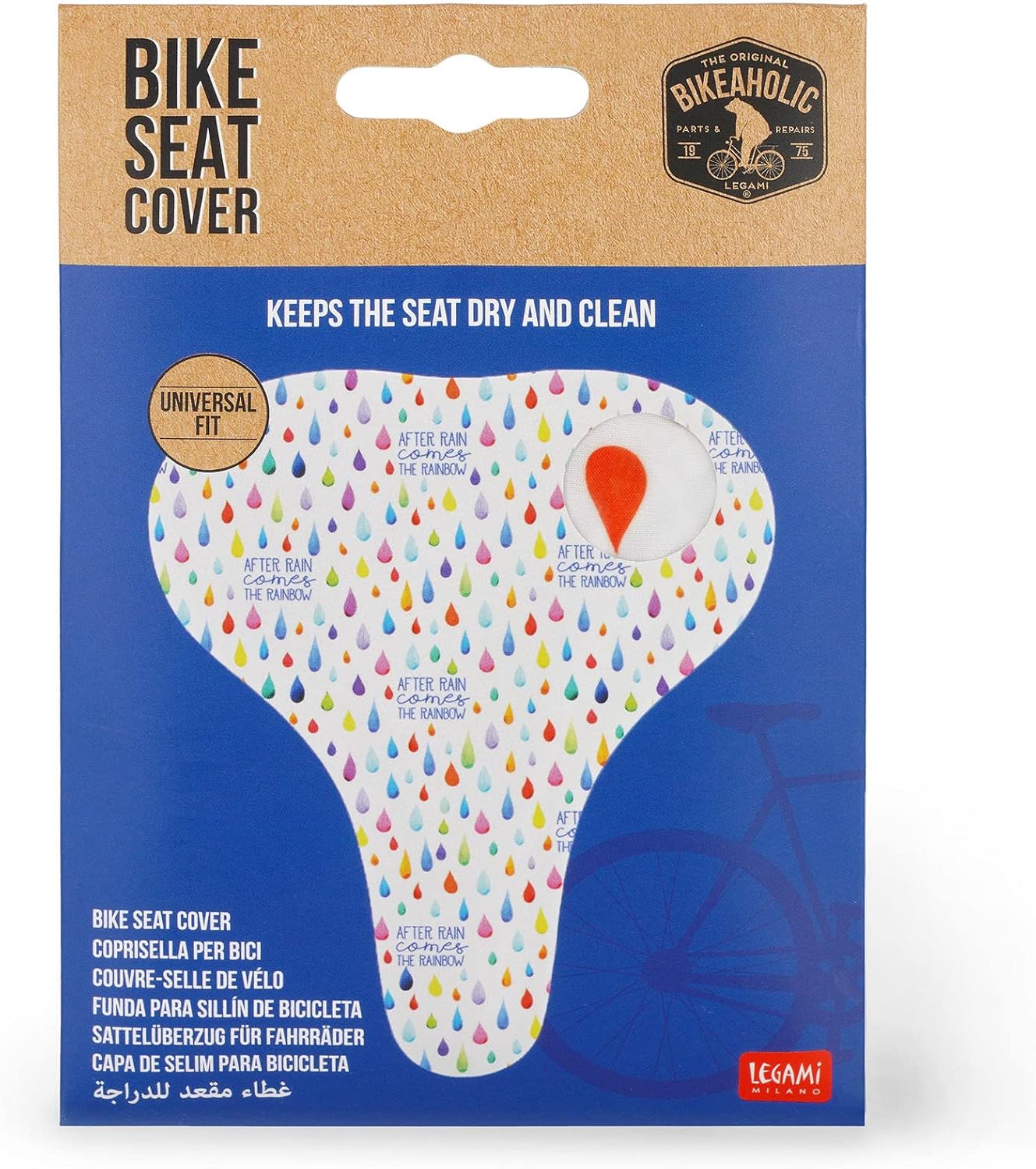 Legami - Coprisella per Bici, Idrorepellente, Vestibilità universale, Antipioggia, Antipolvere, Bordatura con Elastico, 23x26 cm, Tema After rain