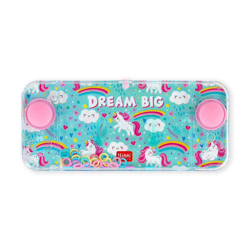 Legami - Mini Juego de Agua con Anillos, sin Pilas, portátil, 15,2 x 7 cm, Tema Unicorn