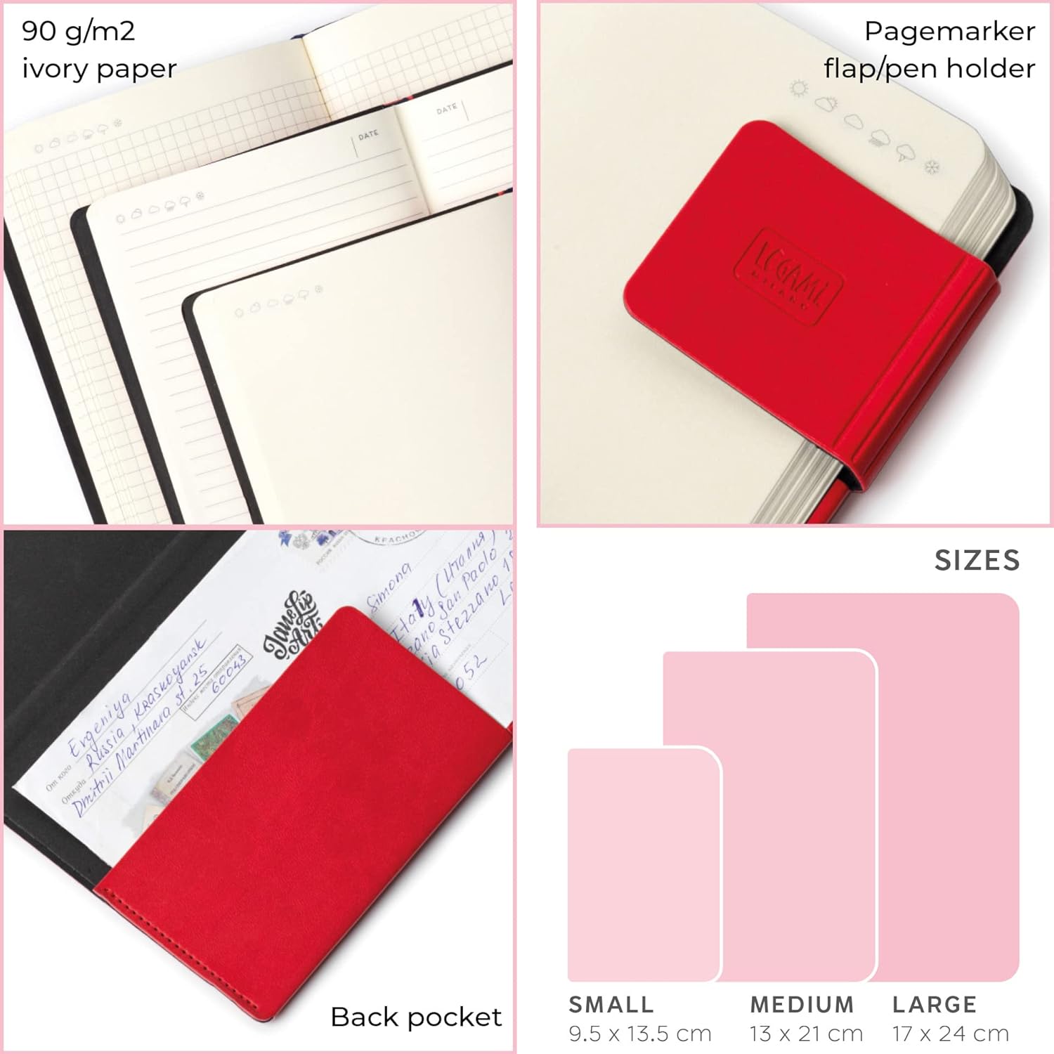 Legami - Checked Notebook, Medium, 192 Pages, Soft PU Cover, FSC® Certified Paper, Ivory 90 g/m², Monthly Planner, Bookmark, 13 x 21 cm