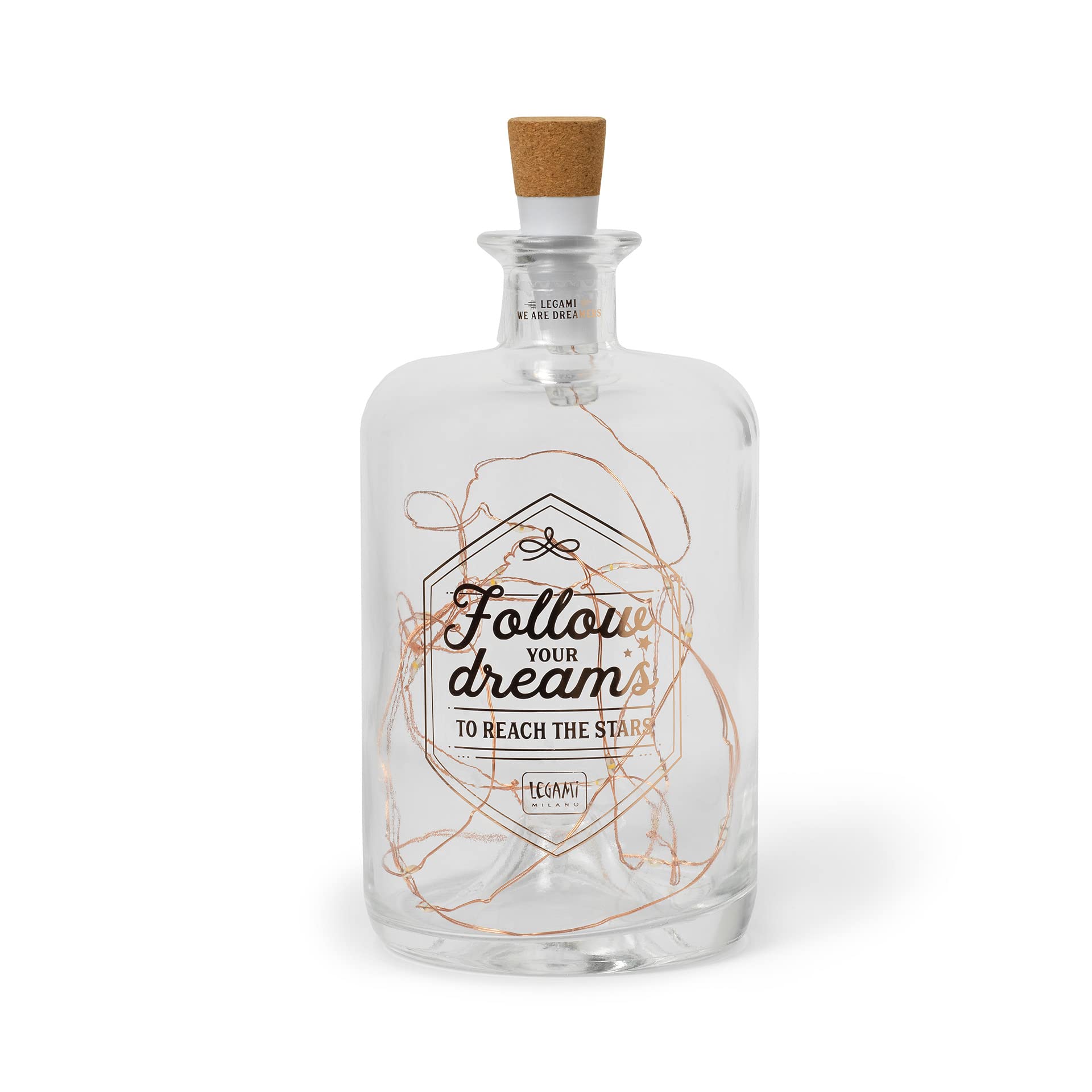 Legami - Glass Bottle with Led Lights Wire, Jar of Stars, 9x20 cm, Charging with USB Cable, 20 LEDs, Warm White Light, Copper Wire, Indoor Only