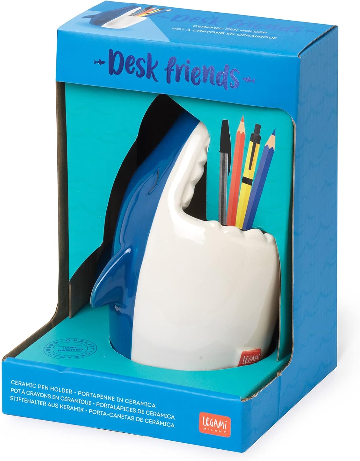 Legami Desk Friends Ceramic Pen Holder, 12.5 x 7.5 cm, Shark Theme, for Desk, Hand Painted