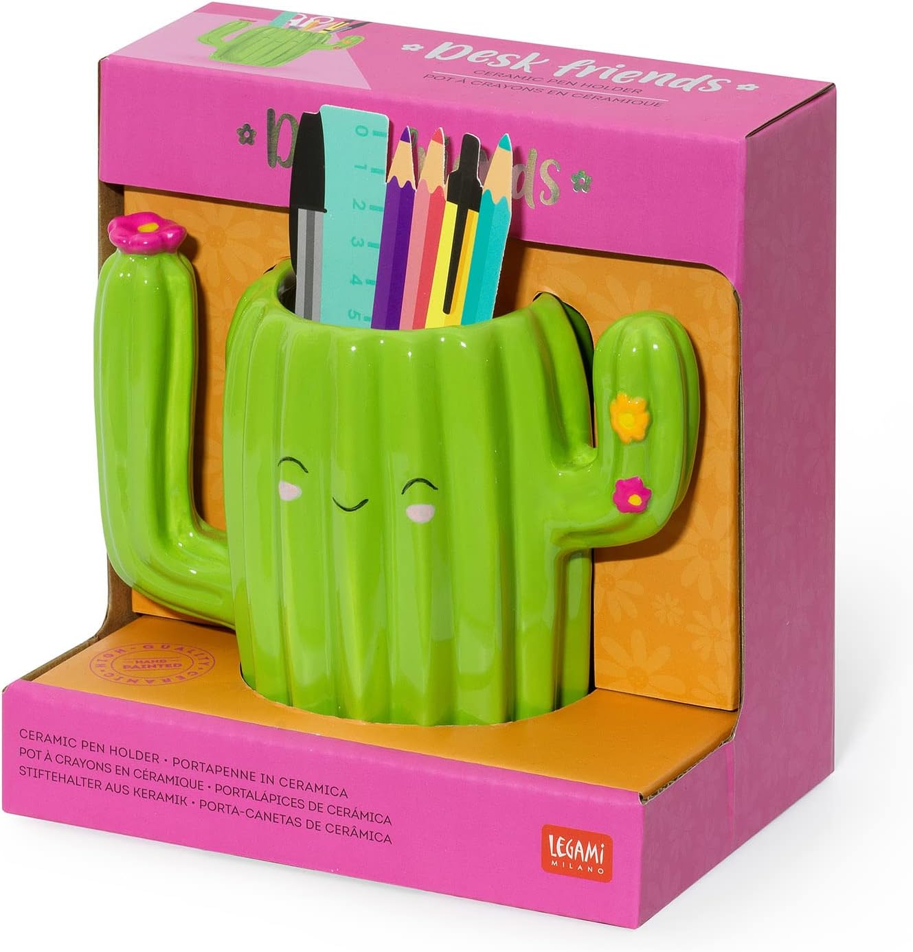 Legami Desk Friends Ceramic Pen Holder, 12.5 x 7.5 cm, Cactus Theme, for Desk, Hand Painted