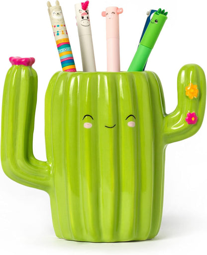 Legami Desk Friends Ceramic Pen Holder, 12.5 x 7.5 cm, Cactus Theme, for Desk, Hand Painted