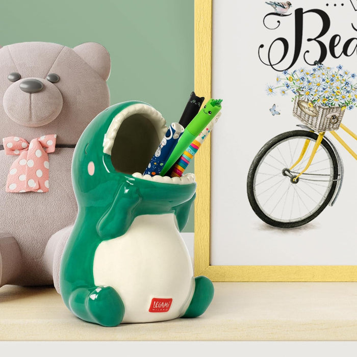 Legami Ceramic Pen Holder, Desk Friends, 12 x 9.7 cm, Dino Theme, for Desk, Hand Painted