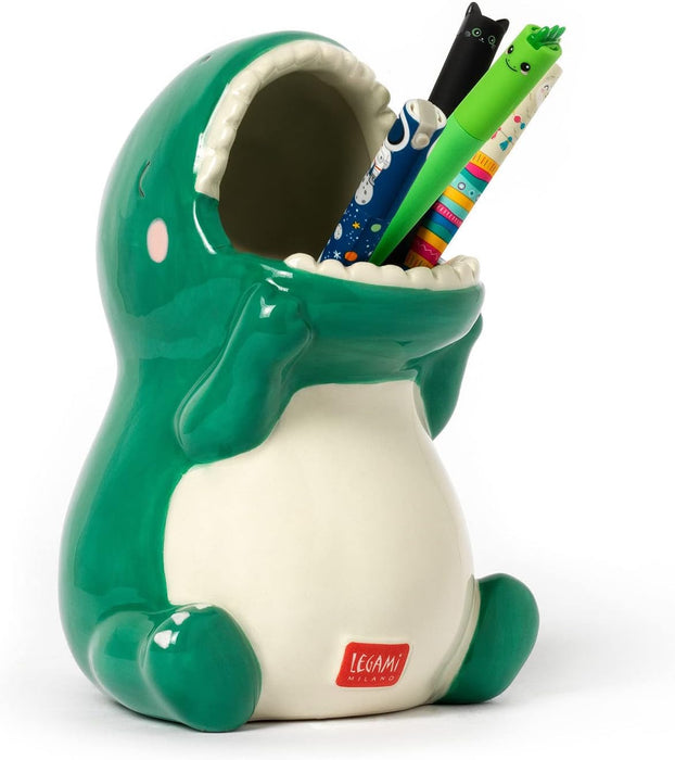 Legami Ceramic Pen Holder, Desk Friends, 12 x 9.7 cm, Dino Theme, for Desk, Hand Painted