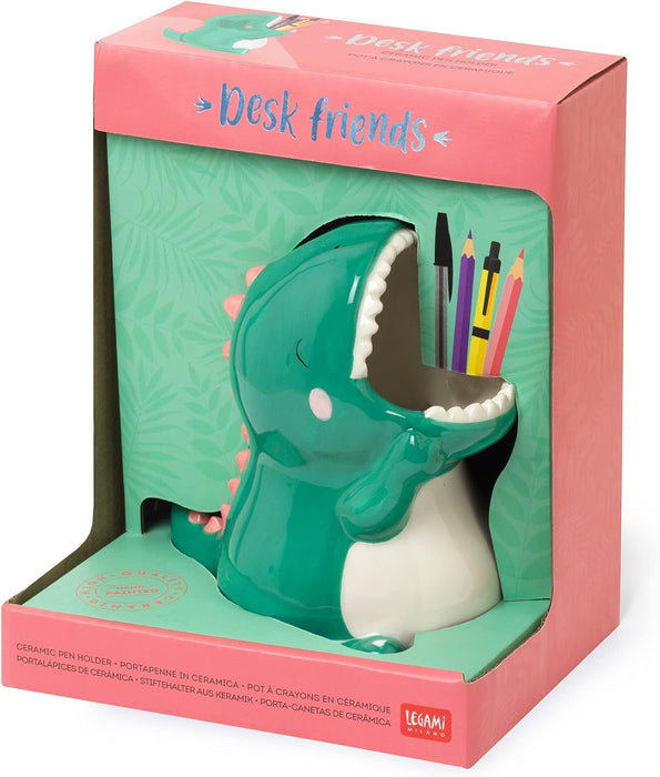 Legami Ceramic Pen Holder, Desk Friends, 12 x 9.7 cm, Dino Theme, for Desk, Hand Painted