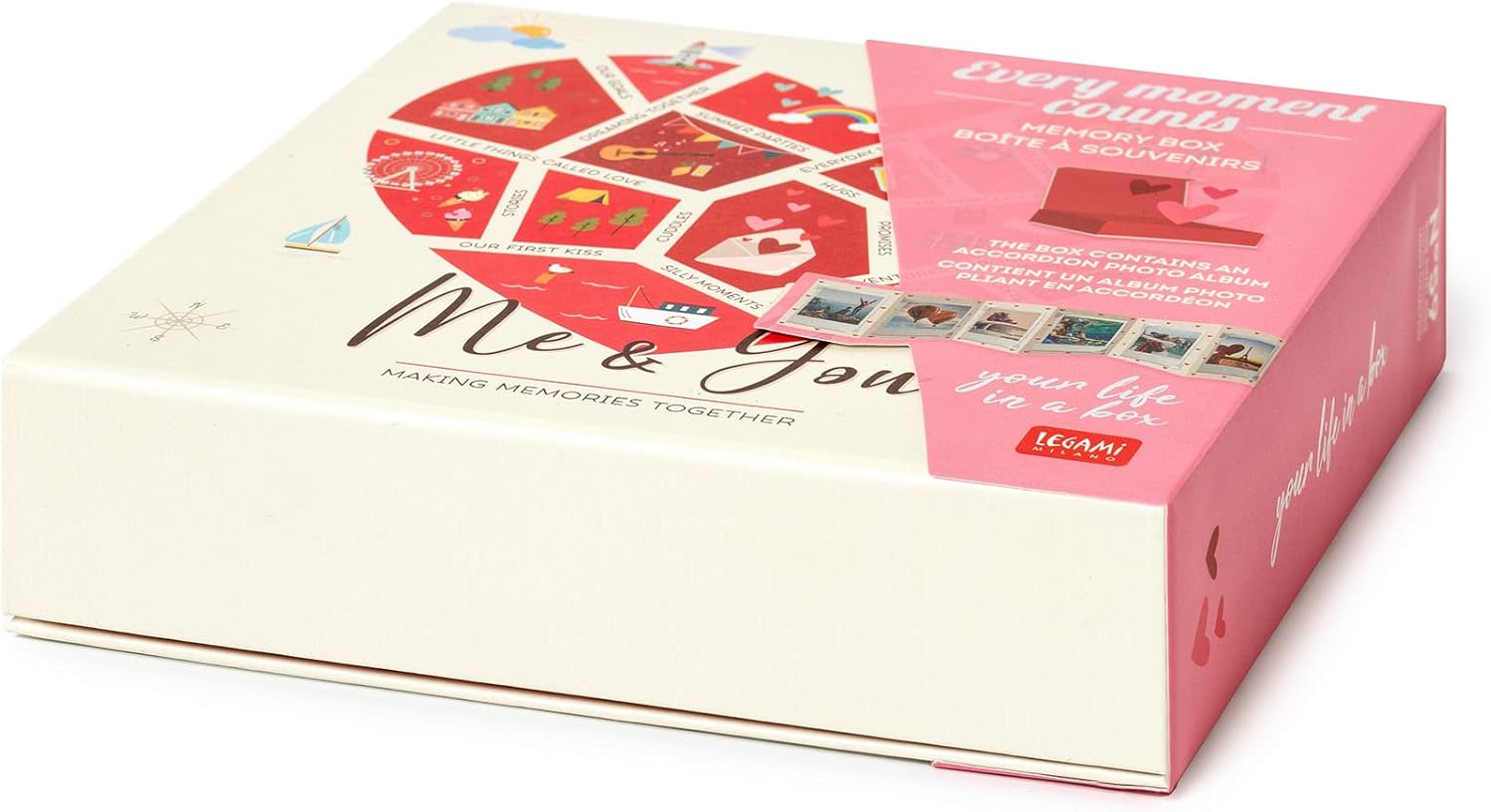 Legami - Keepsake Box, Every Moment Counts, 16.5x4.3cm, Durable Cardboard Casket, Contains an Accordion Folded Album, Magnetic Closure, for Photos (9x11cm) and Small Items