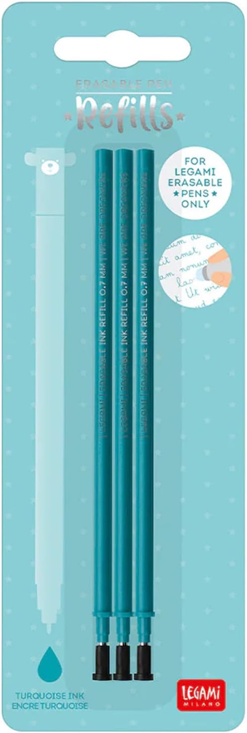 Erasable Gel Pen Refills for Legami Pens - Pack of 3 Turquoise Blue
